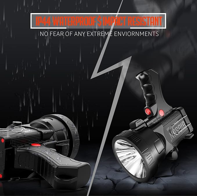 BIGSUN Q984 Rechargeable Spotlight, High Lumens 1200,000 LED Flashlight with Multifunctional Floodlamp, Built-in 14400mAh Battery Pack, Outdoor Handheld spot Light, for Farm, Hunting,Camping, Car,Boat