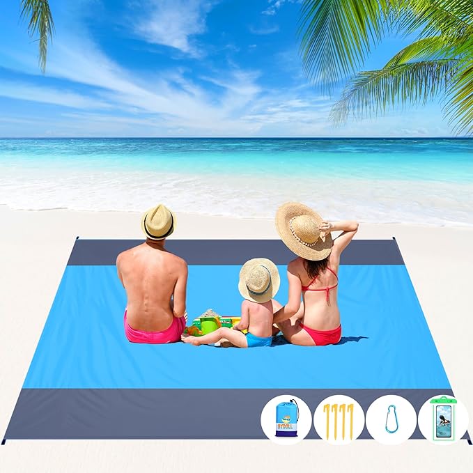 BYDOLL Beach Blanket Waterproof Sandproof 78''×81'' 1-7 Adults Oversized Lightweight Large Picnic Mat Waterproof Sandproof Blanket for Beach