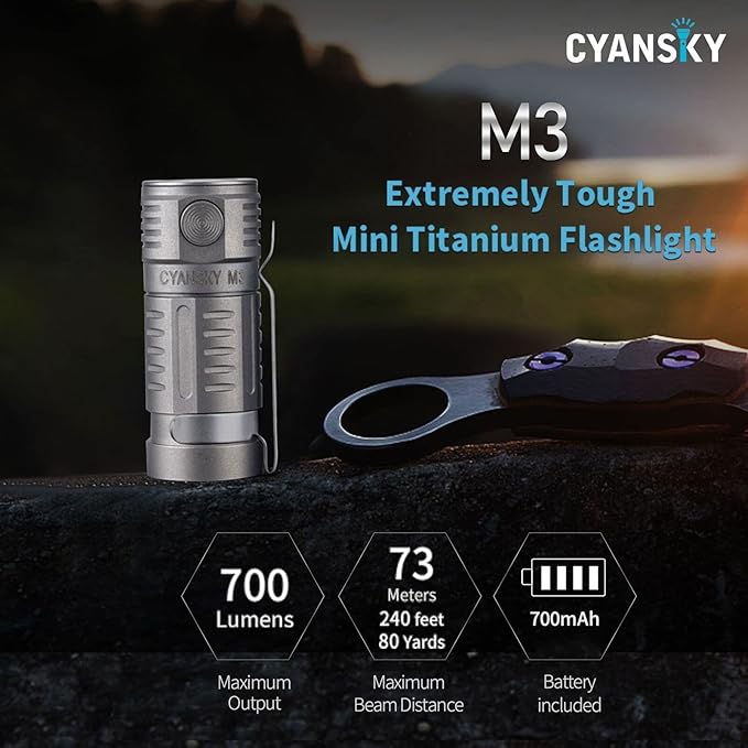 CYANSKY M3 Mini Titanium LED Flashlight ,700 Lumens, 5 Modes , EDC Keychain Flashlights with Rechargeable Battery, IP68 Waterproof