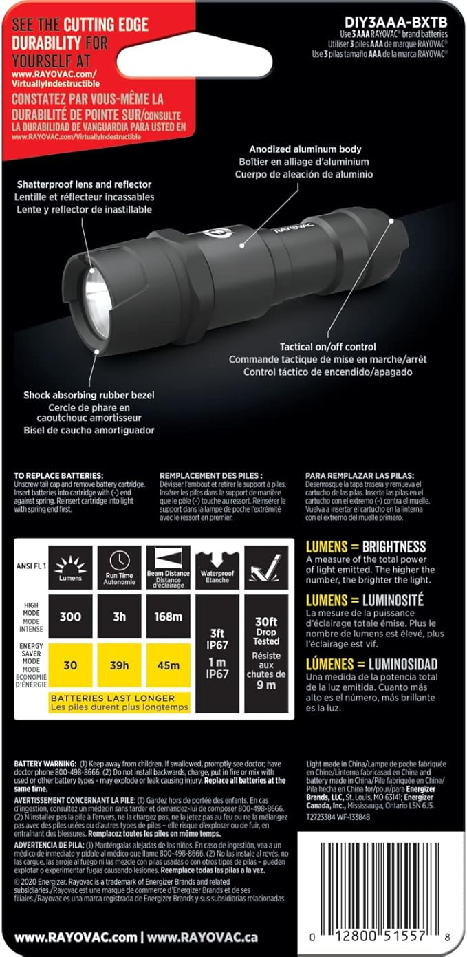 Rayovac - DIY3AAA-BE Virtually Indestructible LED Flashlight, 300 Lumen Waterproof Tactical Flashlight - Super Bright High Mode LED Flashlights for Camping, Hiking, Dog walking Black