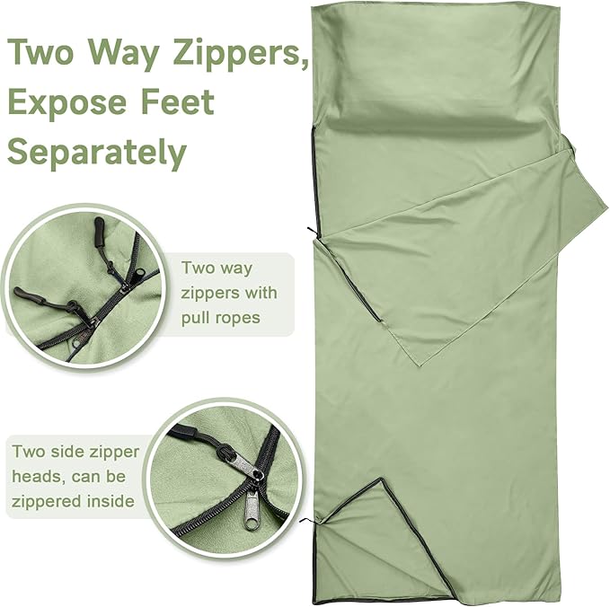 Sleeping Bag Liner, Sleep Sack Travel Sheets, Two-Way-Zipper Expose Feet Separately, Portable Single Camping Sheet for Hotel,Hostels,Business Trips