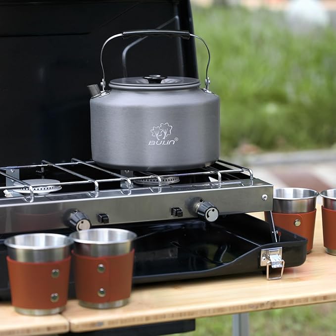 Bulin 2.2L Camping Kettle Set with 4 Cups Lightweight Aluminum Camp Tea Coffee Pot with 4 Stainless Steel Cups for Outdoor Camping Cookware Hiking Backpacking Kitchen Campfire and Picnic, Carrying Bag