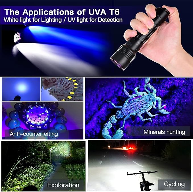 UVA-T6 Black Light & 400 Lumens Rechargeable Dual LEDs Flashlight 2 in 1 365NM Strong UV Flashlight for Urine Detection Minerals Resin Curing Scorpion Camping Hiking Fishing Outdoor