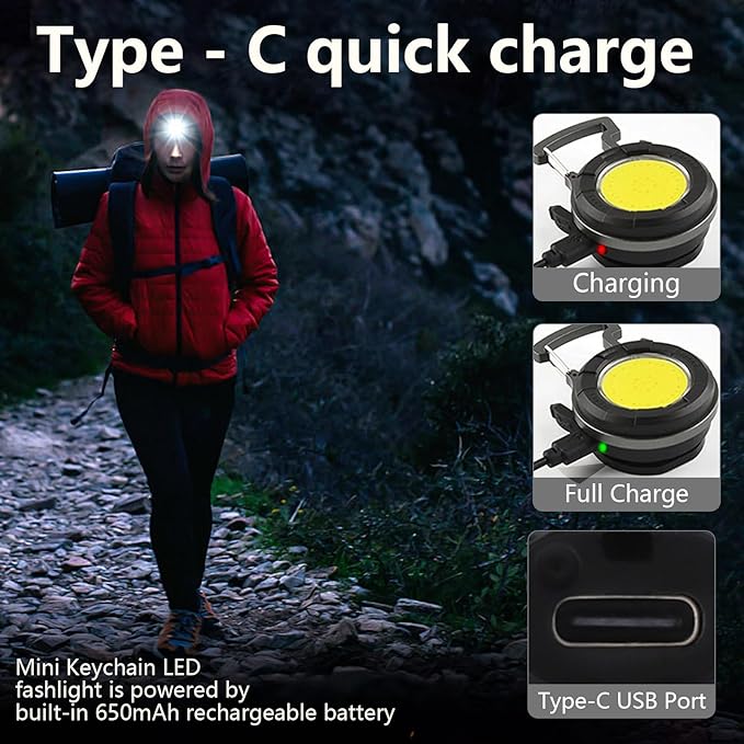 SEFONE 2 Pack Cob Keychain Work Light, 1000 Lumens Keychain Light with 4 Modes, Mini Keychain Flashlights Led Emergency Light, Pocket Light with Magnet Bracket Folding for Biking Fishing Running