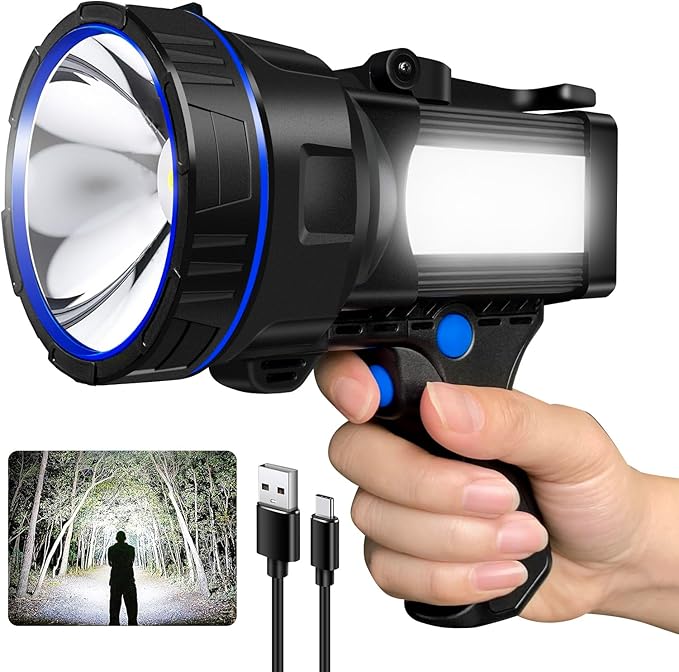 Rechargeable Spotlight Flashlight, Super Bright 1000000 lumens Waterproof Hand held Spot Lights, Long Range Large Hunting Lamp Searchlight, LED Flashlight with COB Light for Camping