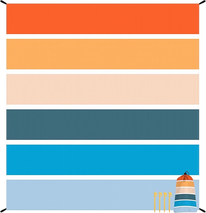 Colorful Beach Blanket Sandfroof, 78”x 86” Large Waterproof Beach Mat Sand Free w/ 4 Stakes for 1-6 People, Big Compact Foldable Picnic Pockets Blanket for Travel, Camping, Hiking - Thick Stripes