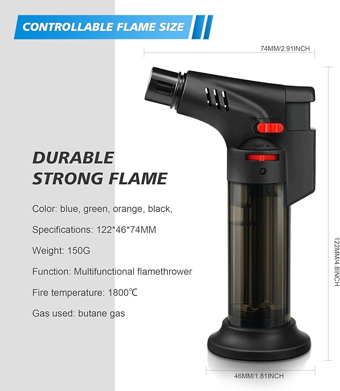 4 Pack of Torch Lighter, Jet Flame, Butane gas, Mini Refillable Windproof Lighters, for candle, fireplace, grill (Gas not Included)