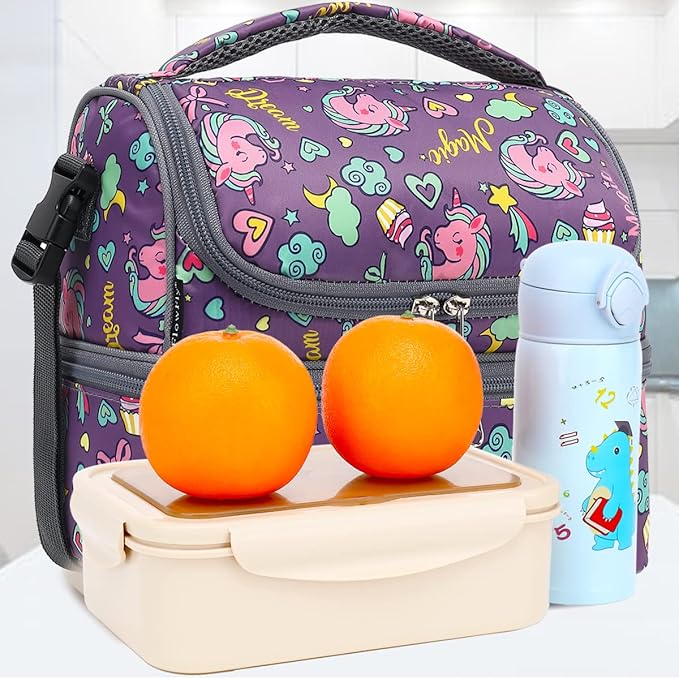 FlowFly Double Decker Cooler Insulated Lunch Bag Large Tote for Boys, Girls, Men, Women, With Adjustable Strap (Purple-Unicorn)