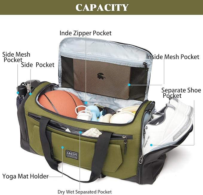 Gym Bags For Men & Women With Shoes Compartment And Wet Pocket, Sports Duffle Bag, Workout Bags For Gym Swimming Yoga,Waterproof Weekend Overnight Carry On Bag A-TG-002-Green