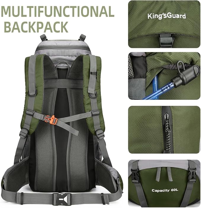 King'sGuard 60L Hiking Backpack Men Women Camping Backpack Waterproof Backpacking Mountaineering Climbing Daypack with Rain Cover (Army Green)