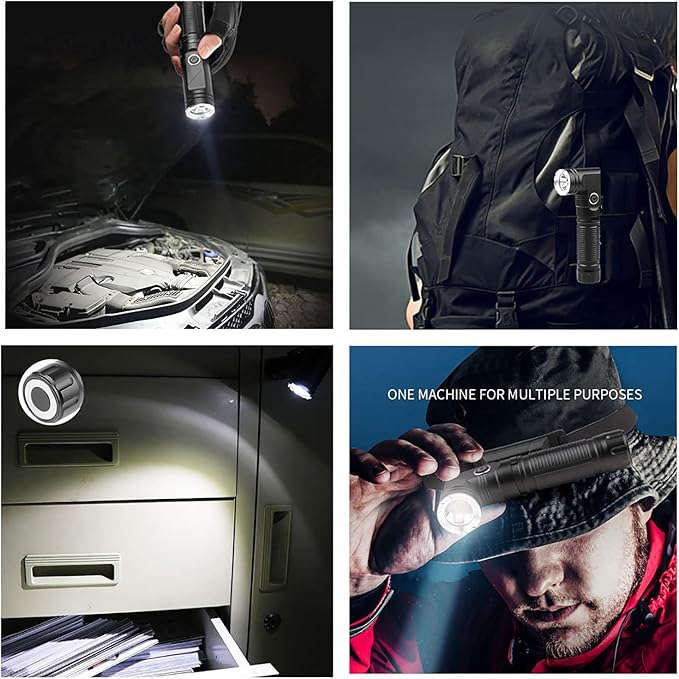 Rechargeable Glare Flashlights 900 Lumens, with Steel Clip & Headband 90 Degree LED Angle Flash Light, 3 Mode Tactical Flashlight, with Magnetic Tail Cover, Suitable for Camping Riding Garage Work