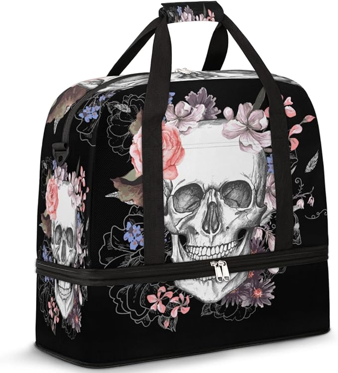 Sports Gym Bag, Sugar Skull Flower Halloween Travel Duffel Bag with Shoes Compartment Waterproof Overnight Bag Workout Weekender Bag Boys Girls Yoga Dance Bag Gym Tote Bag for Women Men