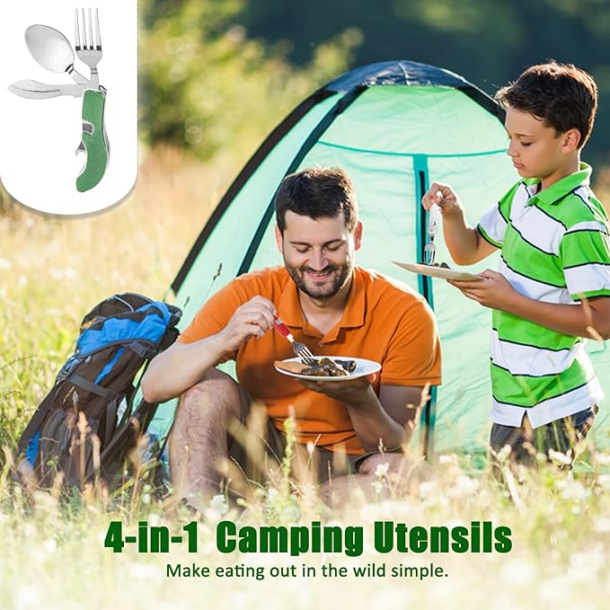 5 Pack Camping Utensils, 4-in-1 Portable Stainless Steel Cutlery with Fork, Spoon, Knife, and Bottle Opener - Lightweight, Detachable, and Durable Camping Silverware for Outdoor Events and Adventures