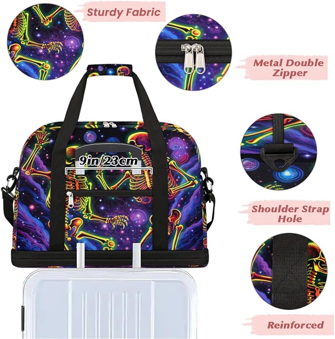 cfpolar Woman Travel Duffel Bag Cosmic Galaxy Skull Foldable Tote Carry On Luggage Sports Gym Bag With Shoe Compartment Overnight Weekend Yoga Workout Bag Training Handbag