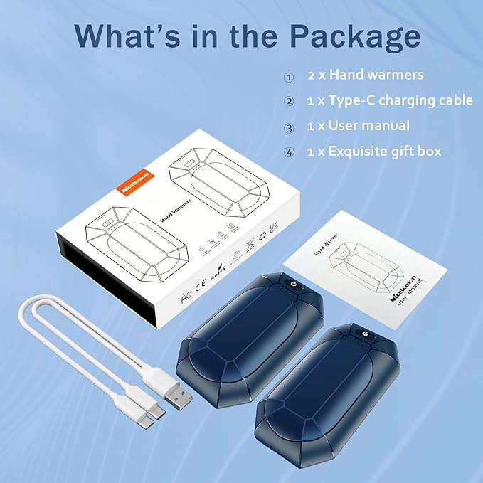 Electric Hand Warmers Rechargeable 2 Pack, Reusable Handwarmers, Portable Pocket Heater for Camping, Hunting, Golf, Gift for Men Women (Blue)