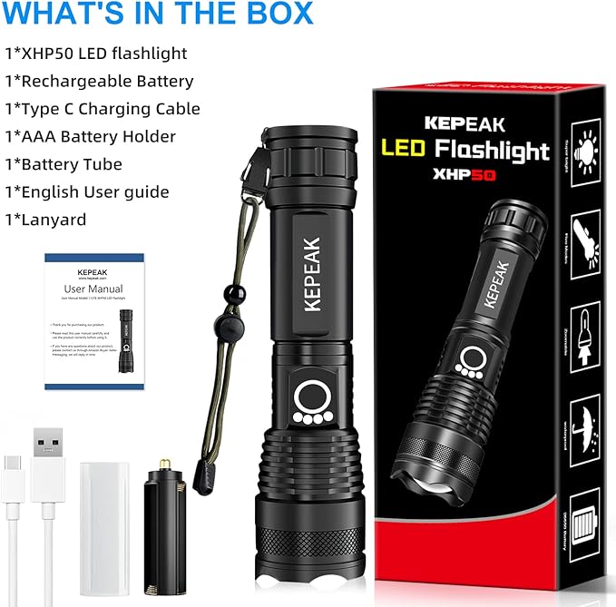 KEPEAK Flashlight, Rechargeable 5000 High Lumen Tactical Handheld Waterproof Zoomable LED Flashlight with 5 Light Modes for Emergency, Camping and Hiking
