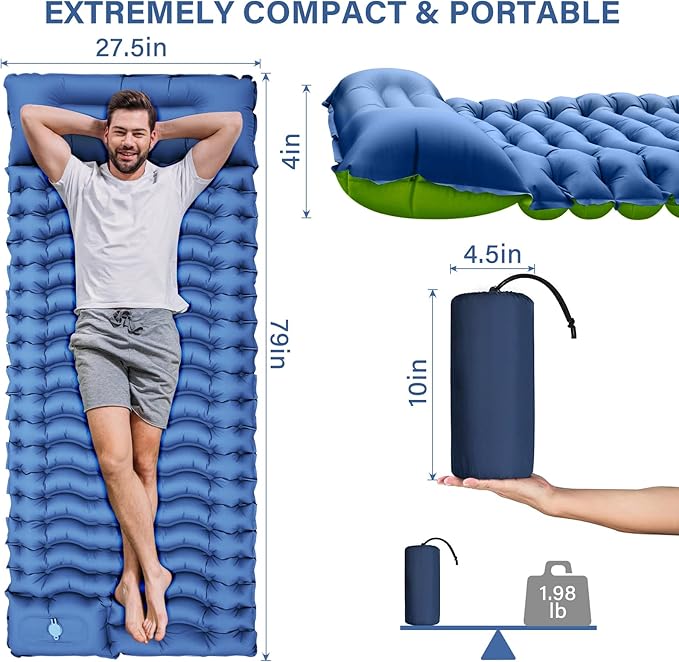Camping Sleeping Pad, Ultralight Inflatable Sleeping Mat with Built-in Foot Pump & Pillow, Compact Camping Air Mattress for Camping, Backpacking, Hiking, Tent