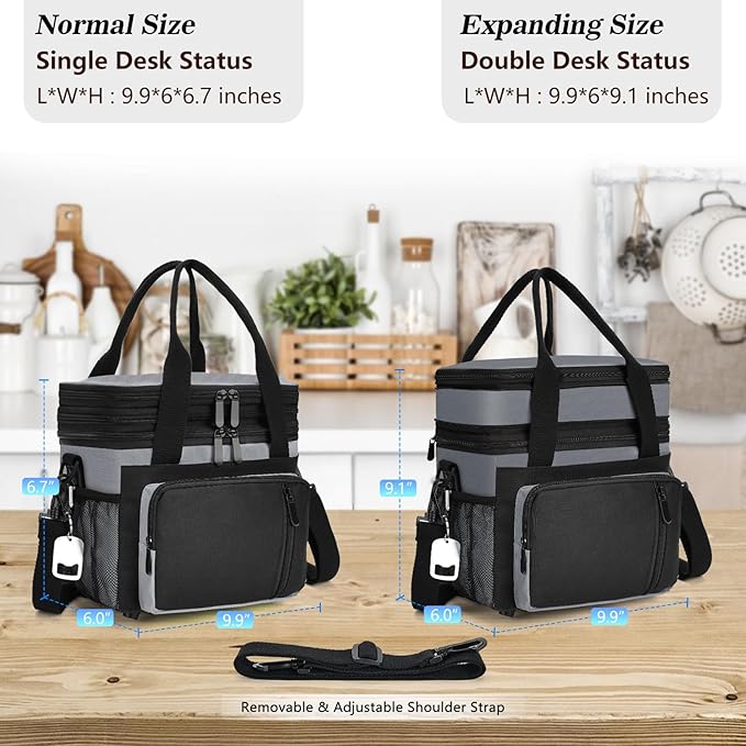 Lunch Box & Lunch Bag for Men Women, Large Insulated Adult Lunch Box, Leakproof Cooler Lunchbox with Bottle Opener for Work Picnic Beach, 16L, Gray