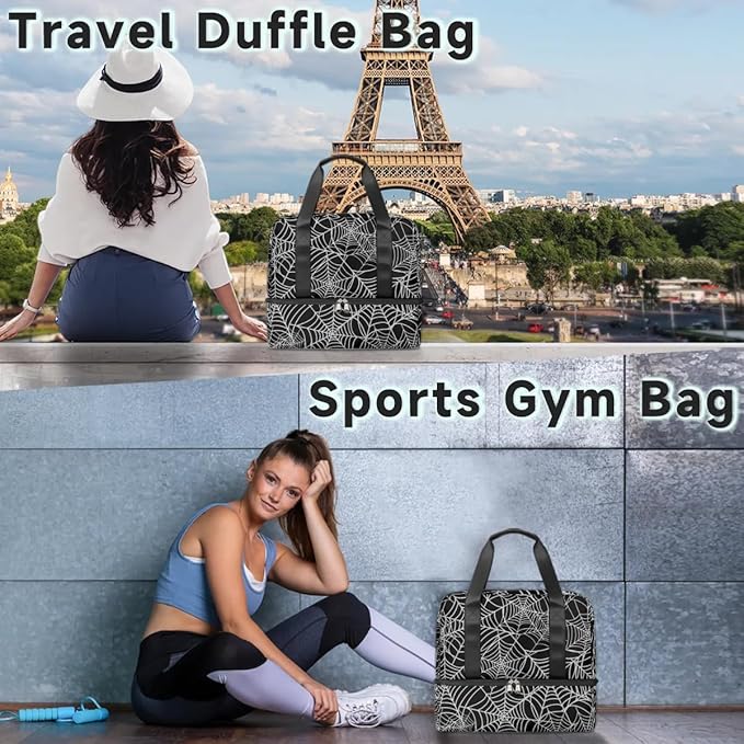 Sports Gym Bag Halloween Spider Web Travel Duffel Bag Waterproof Lightweight Swim Bag Travel Tote Luggage Weekender Overnight Handbag Workout Bag with Shoes Compartment for Women Men
