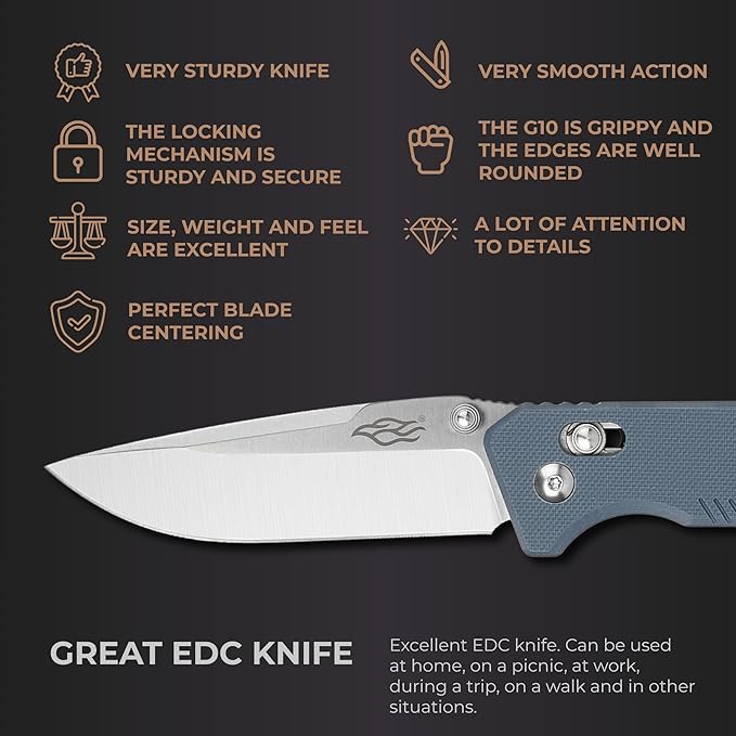 Firebird GANZO F7601 Pocket Folding Knife 440C Stainless Steel Blade G-10 Anti-Slip Handle with Clip Hunting Gear Fishing Camping Folder Outdoor EDC Knife (Grey)