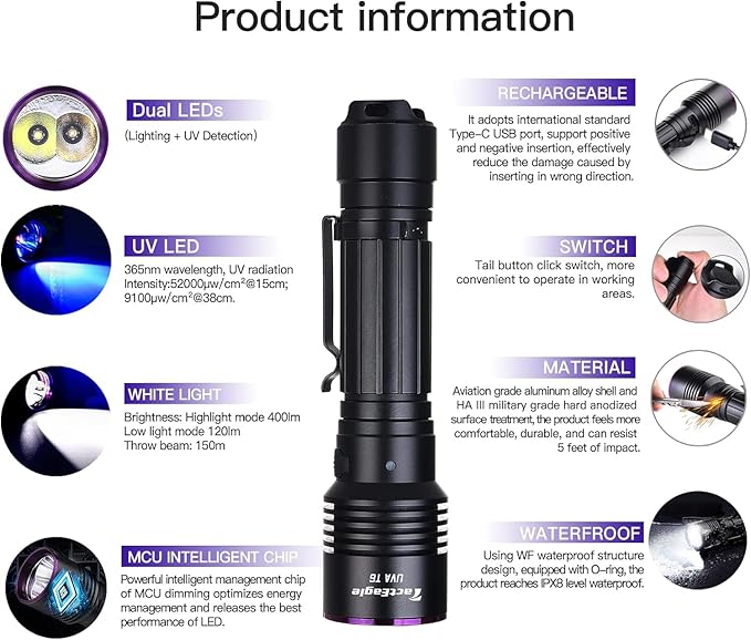 UVA-T6 Black Light & 400 Lumens Rechargeable Dual LEDs Flashlight 2 in 1 365NM Strong UV Flashlight for Urine Detection Minerals Resin Curing Scorpion Camping Hiking Fishing Outdoor