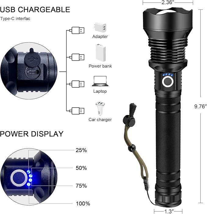 Flashlights High Lumens Rechargeable,990000 LM XHP90.2 Super Bright Flashlight with Zoomable & 5 Modes & IPX7 Waterproof for Camping