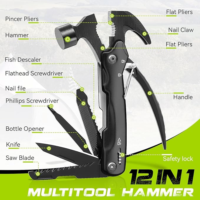 12-Function Multitool Hammer - Camping Accessories, Birthday Gifts for Him, Dad's Dream Survival Kit,Men's Adventure Essentials