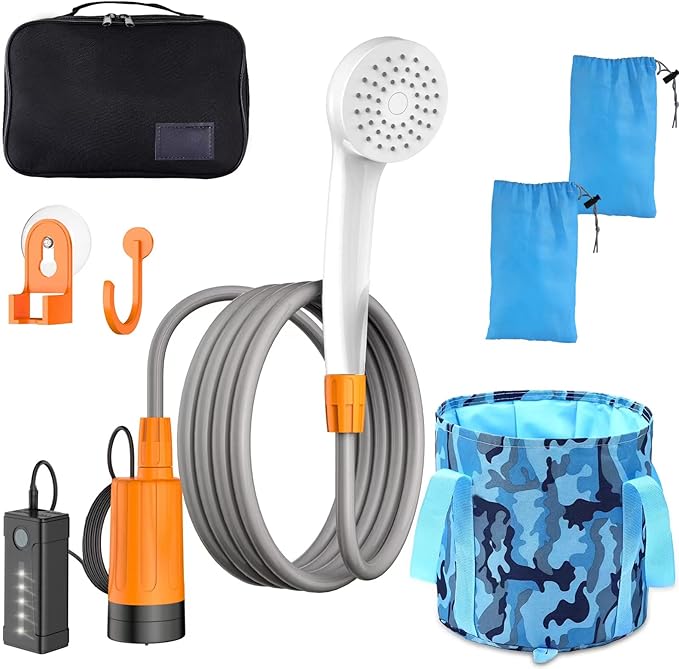Portable Electric Shower Travel rain Shower Pump Camping Shower kit and 6.5 Gallon Folding Bucket for Indoor or Outdoor Shower car Cleaning pet Bath