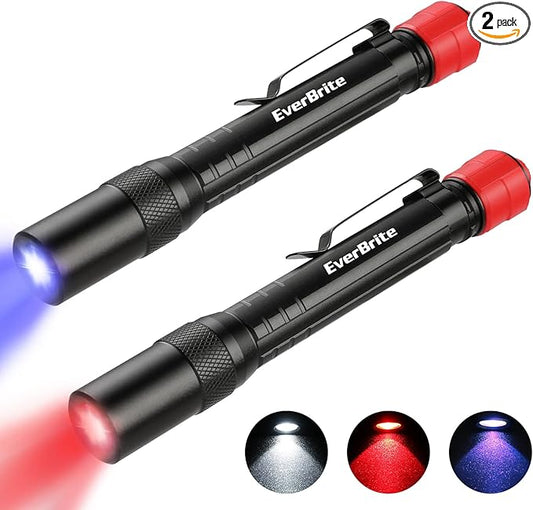 EverBrite Red Light Penlight Flashlight with 395nm UV Blacklight/White Light, Multi-Function LED Pocket Pen Light, AAA Batteries Included, for Night Vision, Pet Stain Detection, Camping, 2pack