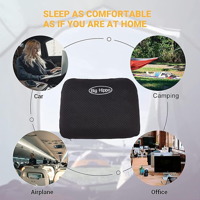 Big Hippo Camping Pillow for Sleeping - Memory Foam Travel Pillow Nap Pillow with Removable Pillow Cover,Soft Small Pillow (Black)