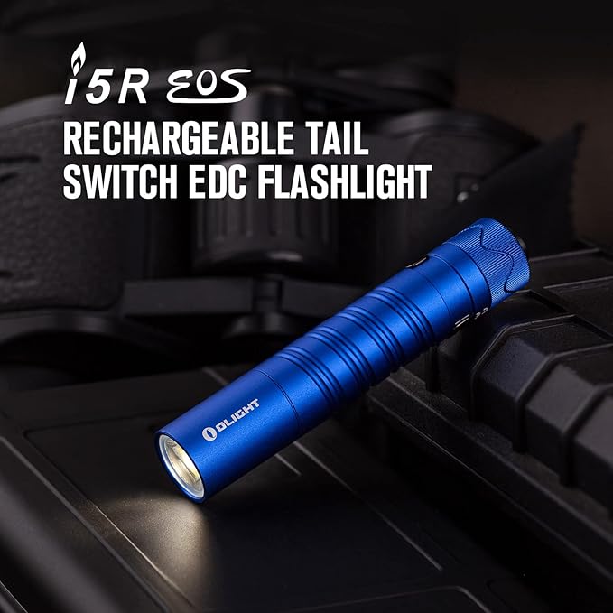 OLIGHT I5R HCRI 285 Lumens Rechargeable Tail-Switch LED Flashlight Powered by USB Rechargeable Battery, Slim EDC Pocket Flashlight for Camping, Outdoor, and Emergency (Blue)