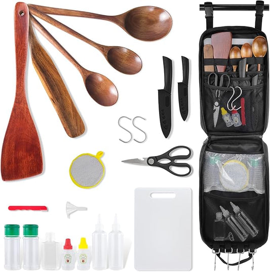 Camping Cooking Cookware Set - Upgraded 22PCS Camp Kitchen Organizer with Wooden Utensils, Portable Gear for Outdoor Dining Essentials