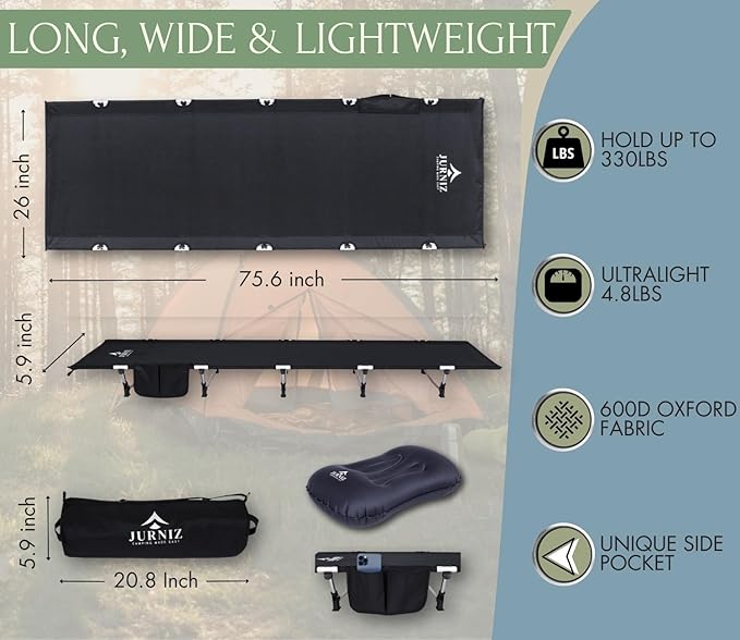 Ultralight Camping Cot with Inflatable Camping Pillow for Adults & Kids; Supports up to 330lbs; 4.85lbs Lightweight Portable Camping Bed for Hiking, Camping & Backpacking with Carry Bag (Black)