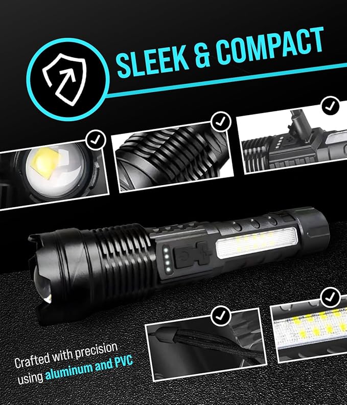 LED Flashlight High Lumens, Zoomable & Waterproof, 5 Modes, High-Powered Tactical Flashlight for Camping Gear, Hiking, Emergency, Rechargeable Flashlights, LED Outdoor Lights