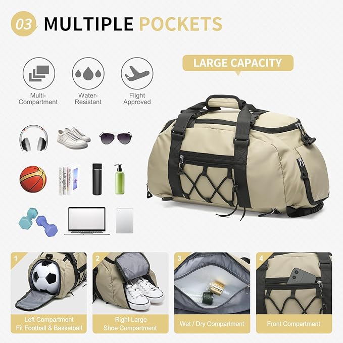 Unisex Travel Duffle Bag for Men Women, Waterproof Gym Bag with Shoe Compartment & Football Compartment, 32L Carry on Bag for Sports & Fitness, Khaki