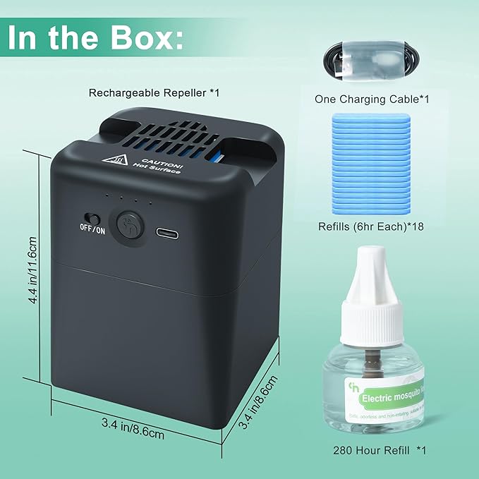 Mosquito Repellent Outdoor Patio, Rechargeable Mosquito Repeller Indoor with 20' Mosquito Protection Zone, Includes Mosquito Repellent Refills, for Camping