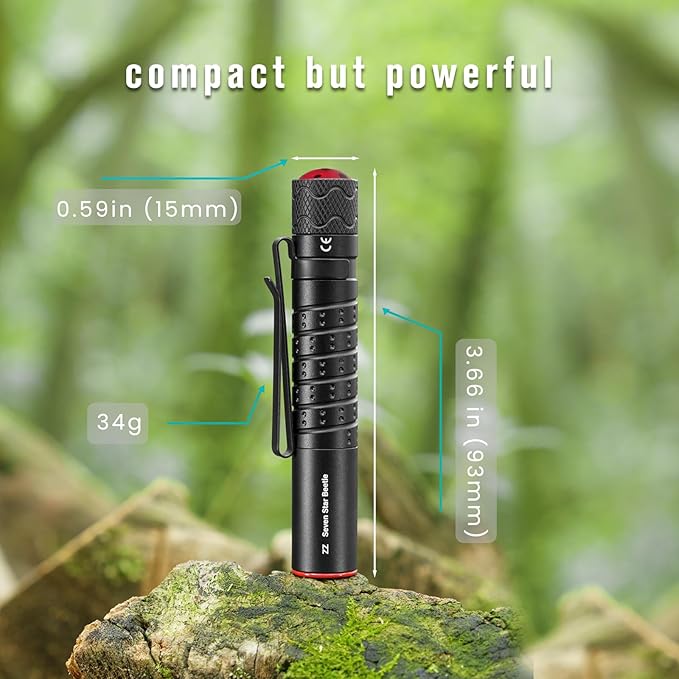 ZZ Seven Star Beetle EDC Flashlight, Ultra Compact LED100 lumens, Equipped with AAA Alkaline Battery, Mini Tactical Flash, Two-Way Pen Clip, Suitable for Daily Carrying (Black)