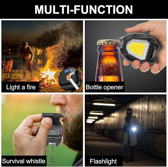 SEFONE 7 Modes COB Keychain Work Light 2 Pack, 1200 Lumens Bright Rechargeable LED Flashlight, Portable Pocket Light with Folding Bracket Whistle Lighter Magnet for Outdoor