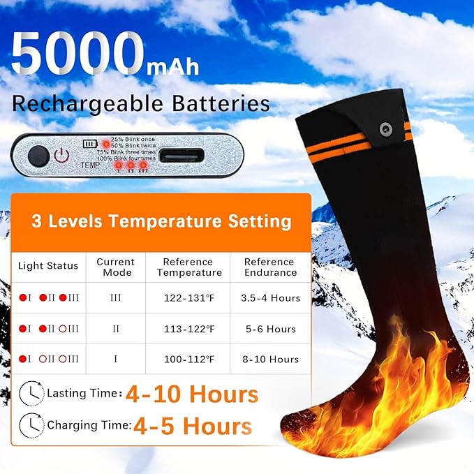 Heated Socks, 5000mAh Electric Heated Socks for Men Women, 3 Levels Rechargeable Battery Heating Socks Washable Ideal for Camping, Hunting & Hiking