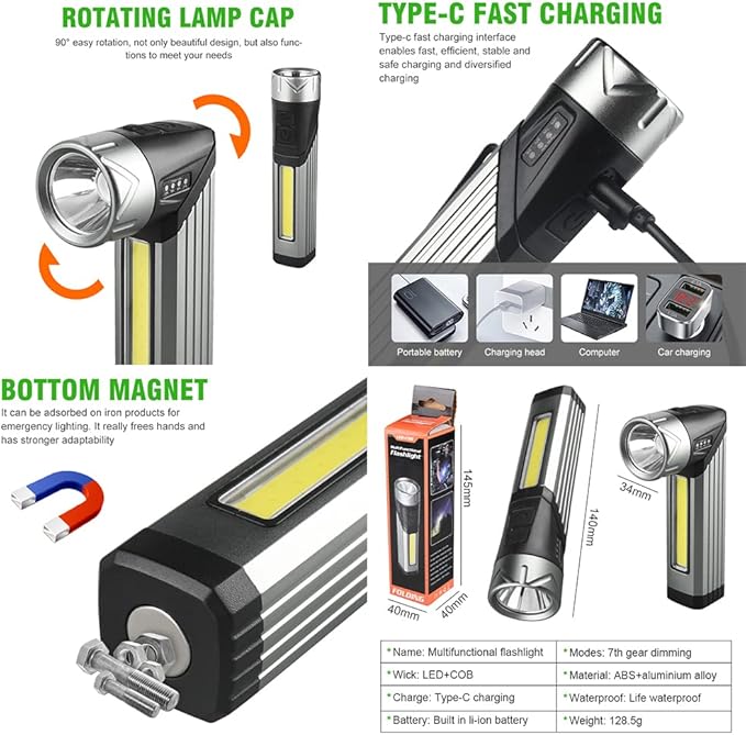 Rechargeable Mag Lights Flashlight Emergency Camping Flashlight 90 Degree, 90 Degree Mini Flashlight Ip65 Waterproof, Clip on Flashlight COB Work Light Outdoor, Hiking.