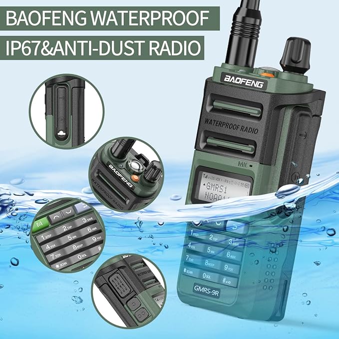 GMRS Radio Baofeng GMRS-9R 5W Rechargeable Two Way Radio for Adults,Waterproof IP67,NOAA Scanning and Receiving with Extra Original Battery,Programming Cable,Tactical Antenna,Speaker Mic,Tactical Bag