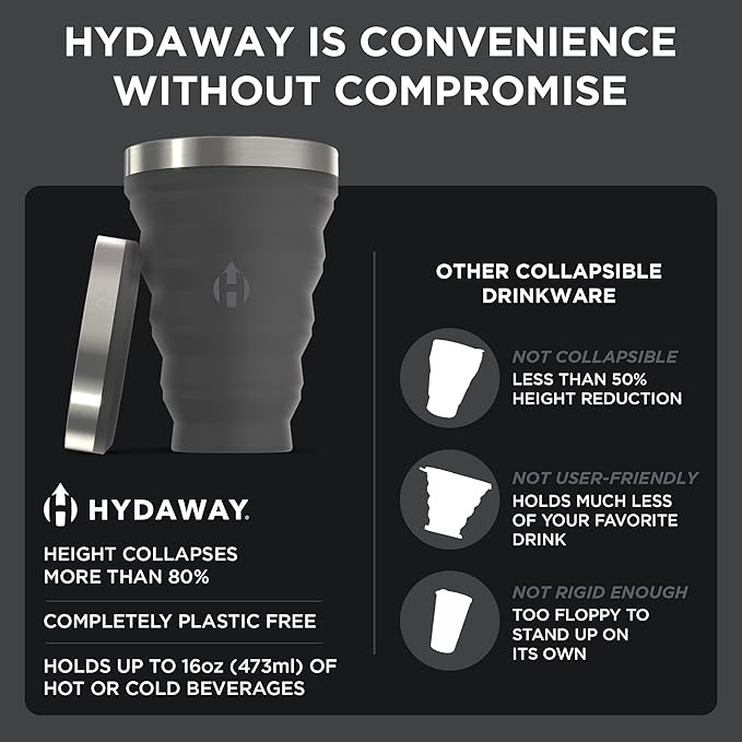 HYDAWAY Collapsible Pint - 16 oz, Silicone & Steel Rim I Collapsible Cup for Beer, Water & Soda, Portable Drinking Cup for Party, Camping, Backpacking & Hiking, Folding Travel Cups Collapse to 1-inch