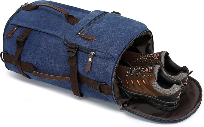 Gym Duffle Bag Backpack 4-Way Vintage canvas with Shoes Compartment for travel Sport Hiking laptop (Vintage blue) X-Large