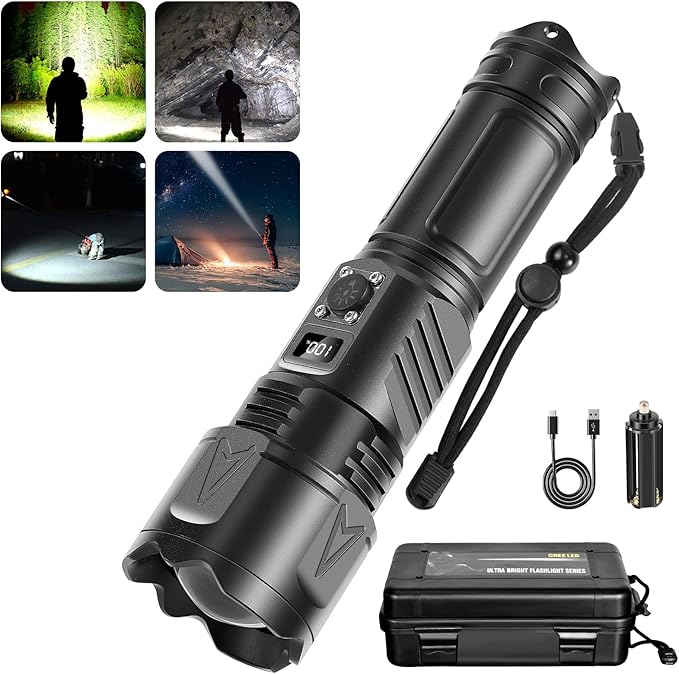 Rechargeable LED Flashlights, High Lumens Flash Lights, Tactical Zoomable Flashlight with Battery Included & 5 Modes, Super Bright Waterproof Flashlight for Emergencies, Camping, Hiking