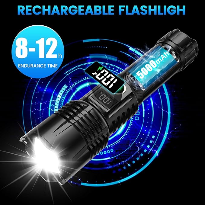 Rechargeable LED Flashlights, 250000 High Lumens, 5 Modes Zoomable, Super Bright Flashlight, Tactical Powerful IPX7 Waterproof Handheld Flash Light for Emergencies, Hiking, Camping