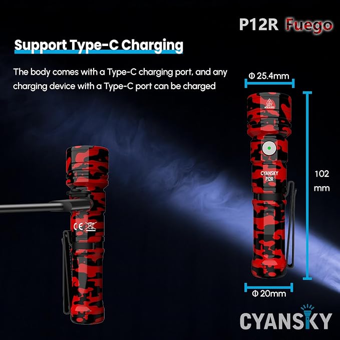 CYANSKY Rechargeable Flashlight,Super Bright,Flashlights High Lumens, Small EDC Flashlights for Emergencies,IP68 Waterproof Flash Light for Camping,Hiking,Outdoor,Home (Fuego)
