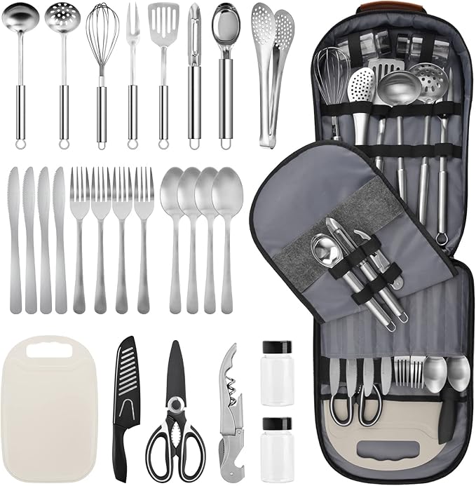Extremus 27 Pcs Camp Kitchen Cooking Utensil Set Cookware Kit - Travel Organizer Grill Accessories Portable Compact Gear for Backpacking BBQ Camping Travel,Camping Accessories,Earth Digi Camo