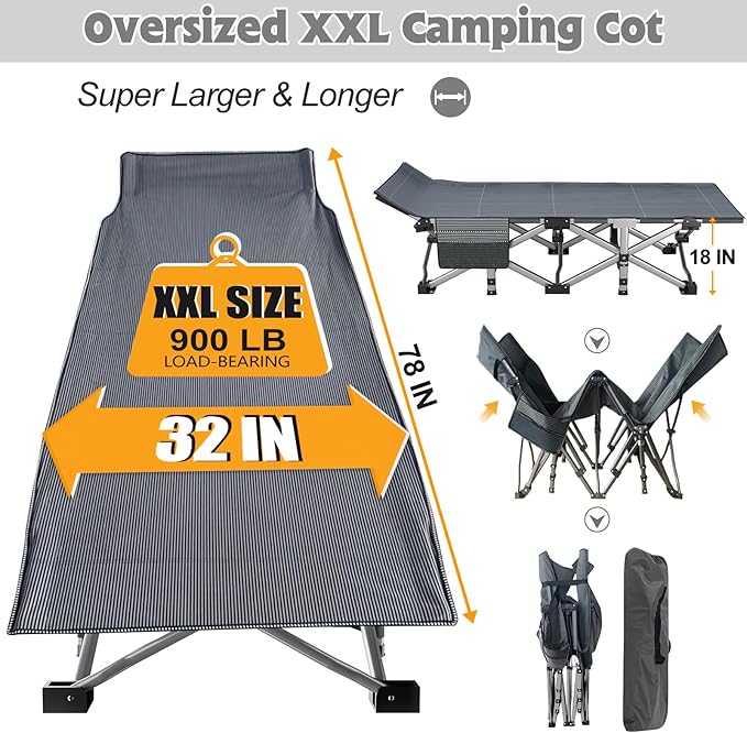ABORON 2Pack Oversized XXL Folding Camping Cot W/Mat for Adults, 78" L x 32" W x 18" H Heavy Duty Outdoor Bed with Carry Bag,1200 D Layer Oxford Travel Camp Cots
