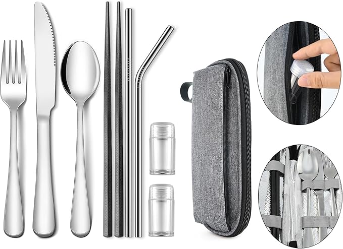 Travel Utensils Set with Splash-poof Bag, Portable Cutlery for Work, Reusable Camping Silverware Utensil, 18/0 Stainless Steel Flatware for Adult Lunch Picnic Hiking EDC Gadgets Lunch Box