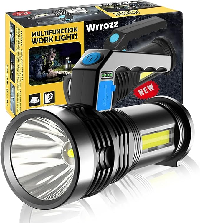 Wrrozz LED Flashlight High Lumens - USB Rechargeable Flashlight for Camping, Hiking, Walking - Powerful Emergency Flashlight with 4 Modes for Outdoor Use - Bright Flashlight with Sidelight Lantern